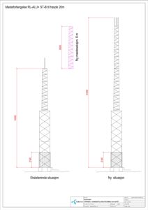 Fasadetegning som viser oppriss av en mastsituasjon med mål og dimensjoner.