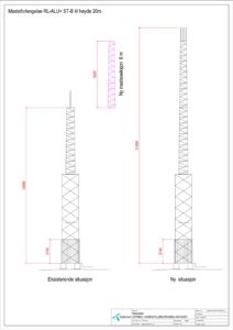 Fasadetegning som viser oppriss av en mastsituasjon med mål og dimensjoner.