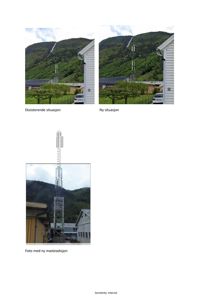 Bildene viser en samling av fotografier og en teknisk illustrasjon av en antenneanlegg (mast) i en byggeplass. Det er to bilder av 'Eksisterende situasjon' og 'Ny situasjon' som viser området utenfra, og et bilde av 'Foto med ny masteseksjon' som viser masten i situasjon.