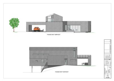 Fasadetegning som viser bygningens utseende fra to vinkler (sørvest og nordvest).