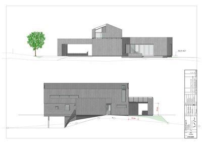 Fasadetegning som viser bygningens utseende fra to ulike vinkler (for- og sidefasade) med angitte mål og terrengforhold.