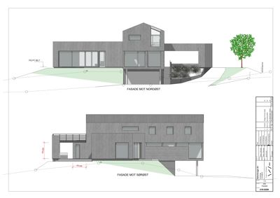 Fasadetegning som viser bygningens utseende fra to sider (Nordøst og Sørøst) med detaljer om materialer, vinduer og terrengforhold.