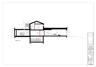Snittegning (SNITT A-A) som viser bygningens tverrsnitt, høyder, romfordeling og konstruksjon.
