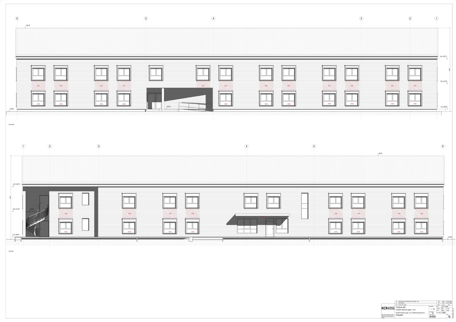 Fasadetegning som viser bygningens utseende fra front og side, med vinduer, dører og arkitektoniske detaljer.