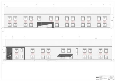 Fasadetegning som viser bygningens utseende fra front og side, med vinduer, dører og arkitektoniske detaljer.