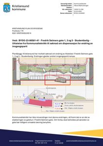 Situasjonsplan som viser tomtens grenser, eiendomsgrenser og plassering av bygninger (rampe/gateut) i forhold til dem.