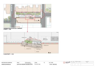 Tegning som viser et snitt gjennom en trapp og tilhørende konstruksjon (planutsnitt).