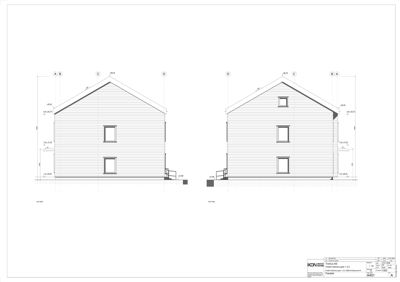 Fasadetegning som viser front- og sideopprikk av en bygning med vinduer, dører og mål.
