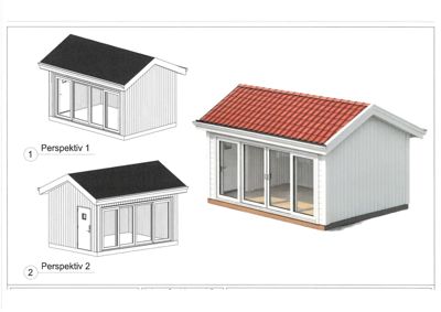 Tre 3D-visualiseringer (renderinger) av en liten bygning sett fra ulike vinkler. Bildene viser fasade, tak og vindusoppsett.