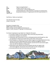 Fotografi av eksisterende hus i en bebyggelse, inkludert takform, fasade og omgivelser.