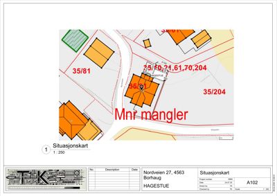 Situasjonskart som viser tomtens beliggenhet, nabotomter (med eiendomsnummer), veier og bygningers plassering i forhold til hverandre.