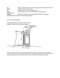 Et håndtegnede snitt (tverrsnitt) av en bygning, som viser takvinkel, gesims og vindusramme.