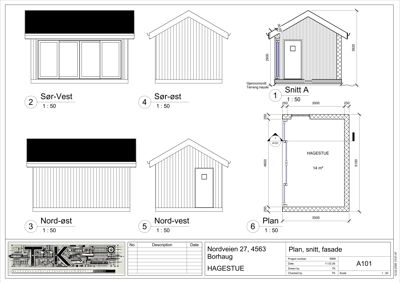 Bildet viser en tegning som inneholder både fasadeopprikk (Sør-Vest, Sør-Øst, Nord-Øst, Nord-Vest) og en snittegning (Snitt A) for en hytte.