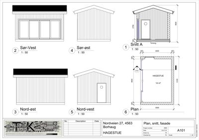 Fasadetegning med snitt og plan for en bygning (Hagestue).