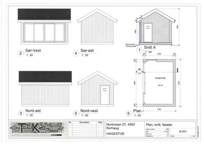 Tegning som viser fasader (Sør-Vest, Sør-Øst, Nord-Øst, Nord-Vest) og et snitt (Snitt A) av en bygning.