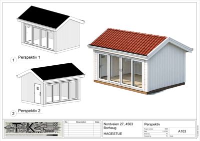 Bildet viser to perspektivtegninger (3D-visualiseringer) av en planlagt bygning, merket 'HAGESTUE'. Tegningene illustrerer fasade og takform.