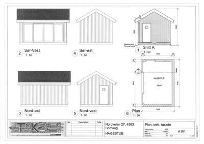 Tegning som viser fasadeoppsett (Sør-Vest, Sør-Øst, Nord-Øst, Nord-Vest) og et snitt (Snitt A) for en bygning.