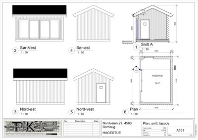 Fasadetegning og snitt for en hagestue, som viser utsiden av bygningen fra fire ulike vinkler (Sør-Vest, Sør-Øst, Nord-Øst, Nord-Vest) samt et snitt (Snitt A) og et plan.