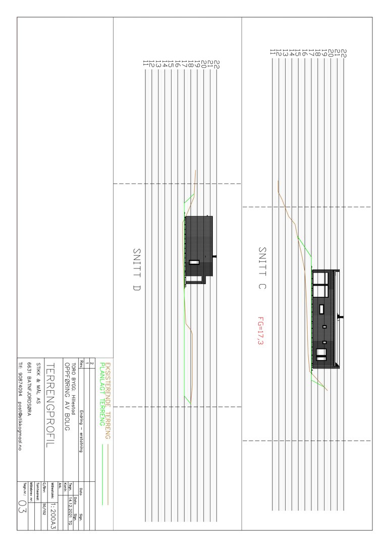 Snittegning (Snitt C og D) som viser bygningens høydeprofil i forhold til terrenget.