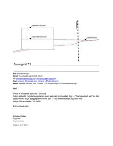 Terrensnitt T2 som viser høydekurver og bygningens plassering i forhold til terrenget.