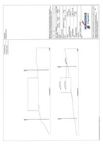 Snittegning som viser bygningens plassering i forhold til terrengformingen (Terrengpunkt T1 og T2) og grunnvannsnivå.