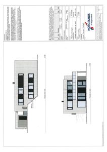 Fasadetegning som viser bygningens utseende sett fra nord og vest, inkludert vinduer, takform og fasadefarger.