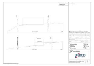 Snittegning som viser bygningens høyde i forhold til terrenget (Terrengsnitt T1 og T2) og grunnflaten.