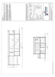 Snittegning (Snitt A og B) som viser tverrsnittet av en bygning med romfordeling, dører, vinduer og konstruksjonsdetaljer.