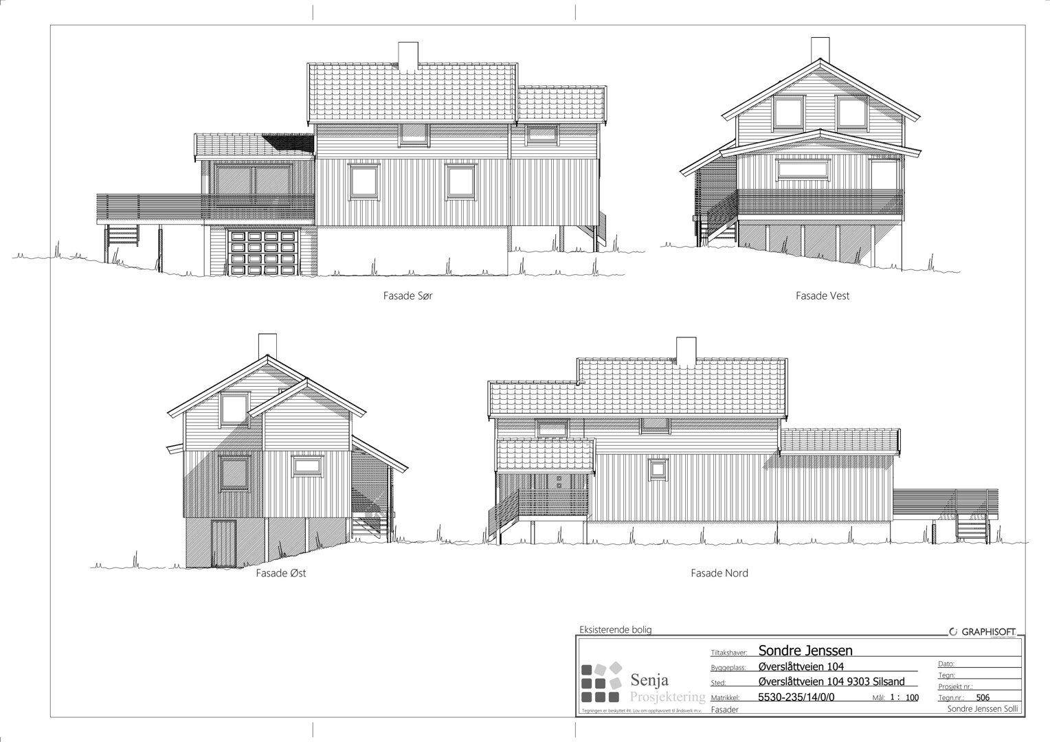 Bildet viser en fasadetekning med utsnitt av bygningen sett fra fire sider (Sør, Vest, Øst, Nord).