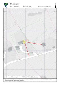 Situasjonsplan som viser bygningens plassering i forhold til nabolag, veier og terrengforhold.