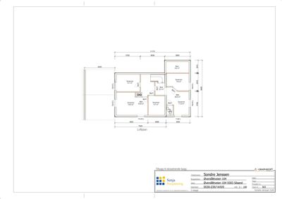 Etasjeplan (loftplan) som viser romfordeling, mål og areal for en bygning.