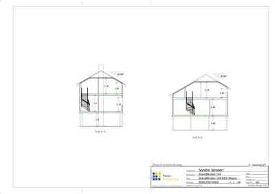 Snittegning (Snitt A-A og Snitt B-B) som viser tverrsnittet av en bygning med høydeangivelser.