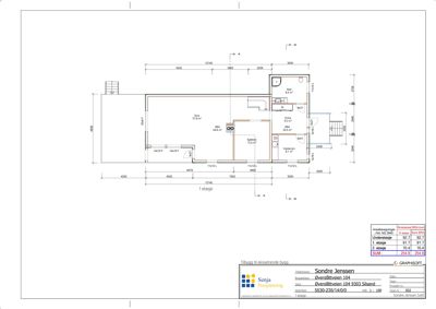 Etasjeplan for 1. etasje med romfordeling, mål og arealoppsett.