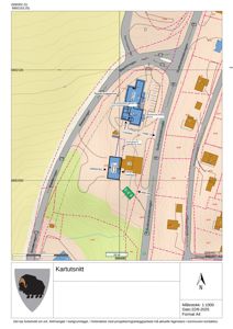 Situasjonsplan som viser tomtens beliggenhet i forhold til veier og nabolag, samt plassering av bygninger.