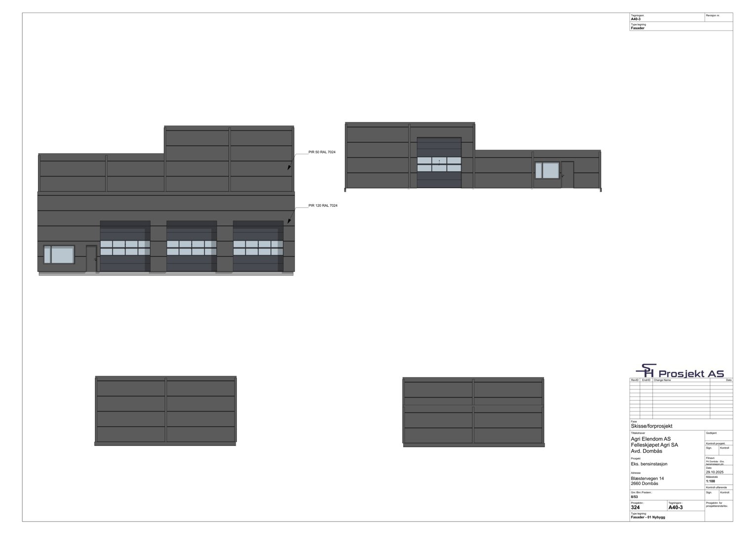 Fasadetegning som viser bygningens utseende sett fra utsiden, inkludert vinduer, dører og arkitektoniske detaljer.