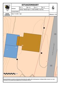 Situasjonskart som viser eiendomsgrenser, bygningstomter og veier på en tomt.