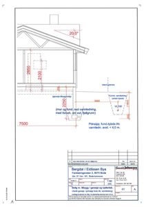 Tegning som viser detaljert grunnforhold, vannledningsdybde og prinsipper for fundamentering i forhold til nabos vannledning.
