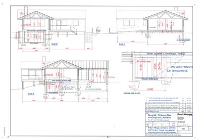 Snittegning (Snitt-A og Snitt-B) som viser tverrsnittet av en bolig med detaljer om høyder, konstruksjoner og nivåer.