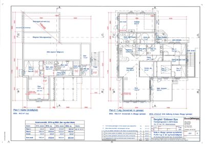 Etasjeplaner (Plan 1 og Plan 2) med romfordeling, mål og arealoversikt for en byggesak.