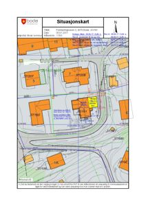 Situasjonskart som viser tomtens beliggenhet, nabolag, veier og eiendomsnummer.