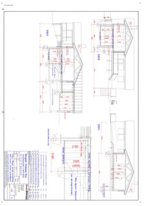 Snittegning som viser tverrsnitt gjennom en bygning med mål og konstruksjonsdetaljer.