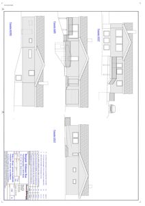 Fasadetegning som viser bygningens utseende fra fire ulike retninger: Nord, Sør, Vest og Øst.
