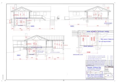 Snittegning (Snitt-A, Snitt-B, Snitt-C) som viser bygningens tverrsnitt, høyder, takhøyder og konstruksjonsdetaljer.