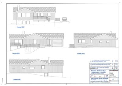 Fasadetegning som viser bygningens utseende fra fire ulike vinkler: Vest, Sør, Øst og Nord.