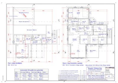 Plantegning som viser romfordeling, arealer og dimensjoner for et hus på to etasjer.