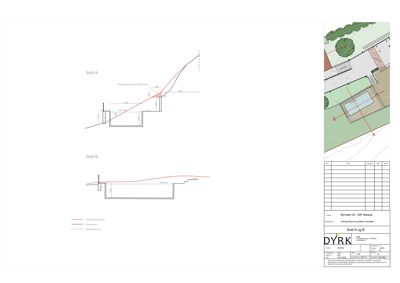 Snittegning (Snitt A og B) som viser bygningens tverrsnitt, grunnmur, takhøyde og terrengforhold.