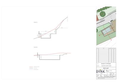 Bildet viser snittegninger (Snitt A og Snitt B) av en bygning, inkludert situasjonsplan med snittlinjer.