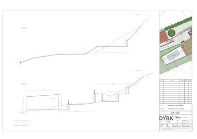 Bildet viser to snittegninger (Snitt A og Snitt B) av en bygning, inkludert et situasjonskart i høyre hjørne.