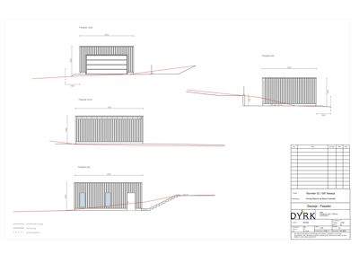 Fasadetegning som viser bygningens utseende fra fire sider (vest, øst, nord, sør) med mål og detaljer.