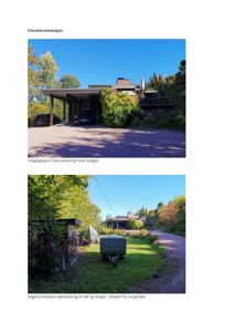 Fotodokumentasjon av en bolig, inkludert inngangsparti med parkering og dagens situasjon med båt og henger.
